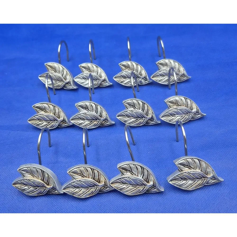 James Wiens Silvertone Double Leaf Shower Curtain Hooks Set of 12 Resin & Metal